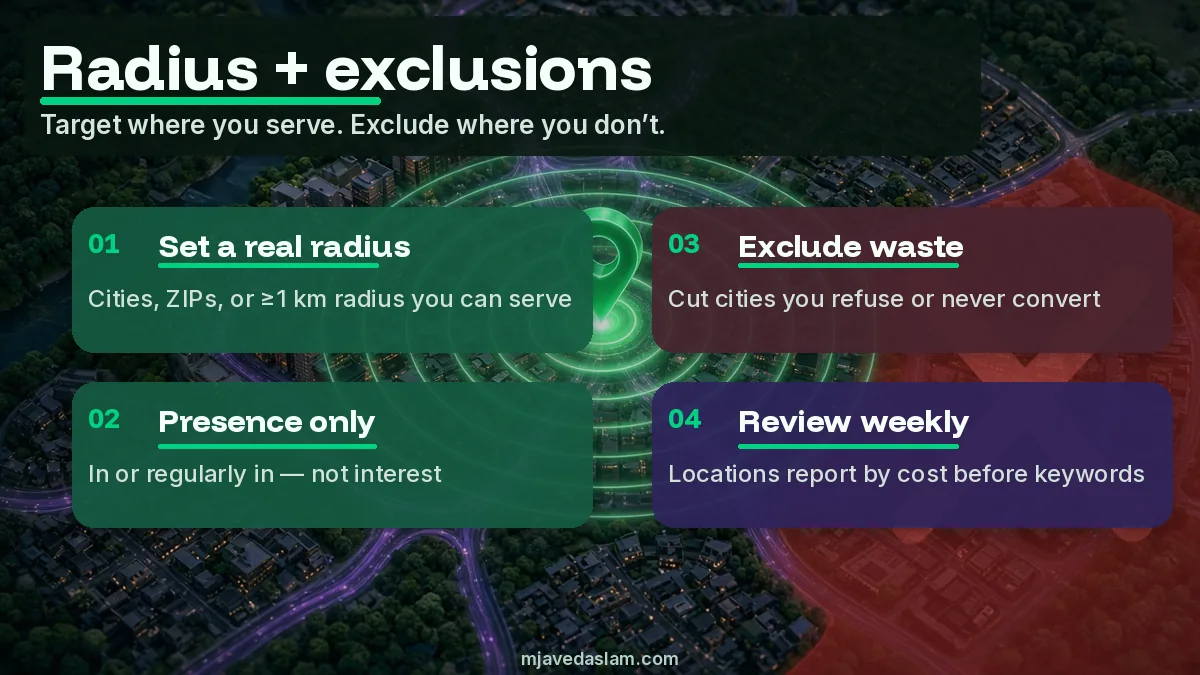 Night city map with radius rings and exclusion zone plus four Google Ads location targeting callouts
