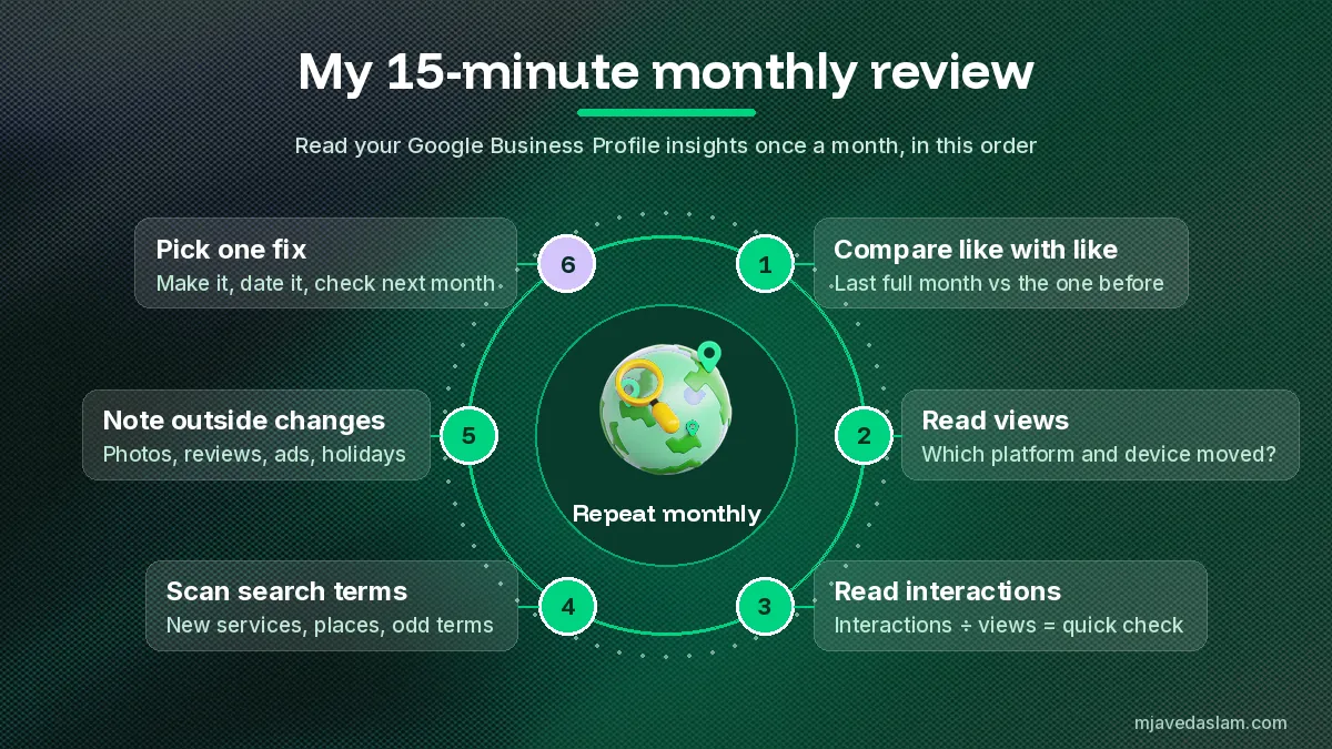Monthly Google Business Profile insights review routine: compare the same date range, read views, check search terms, then pick one fix to test