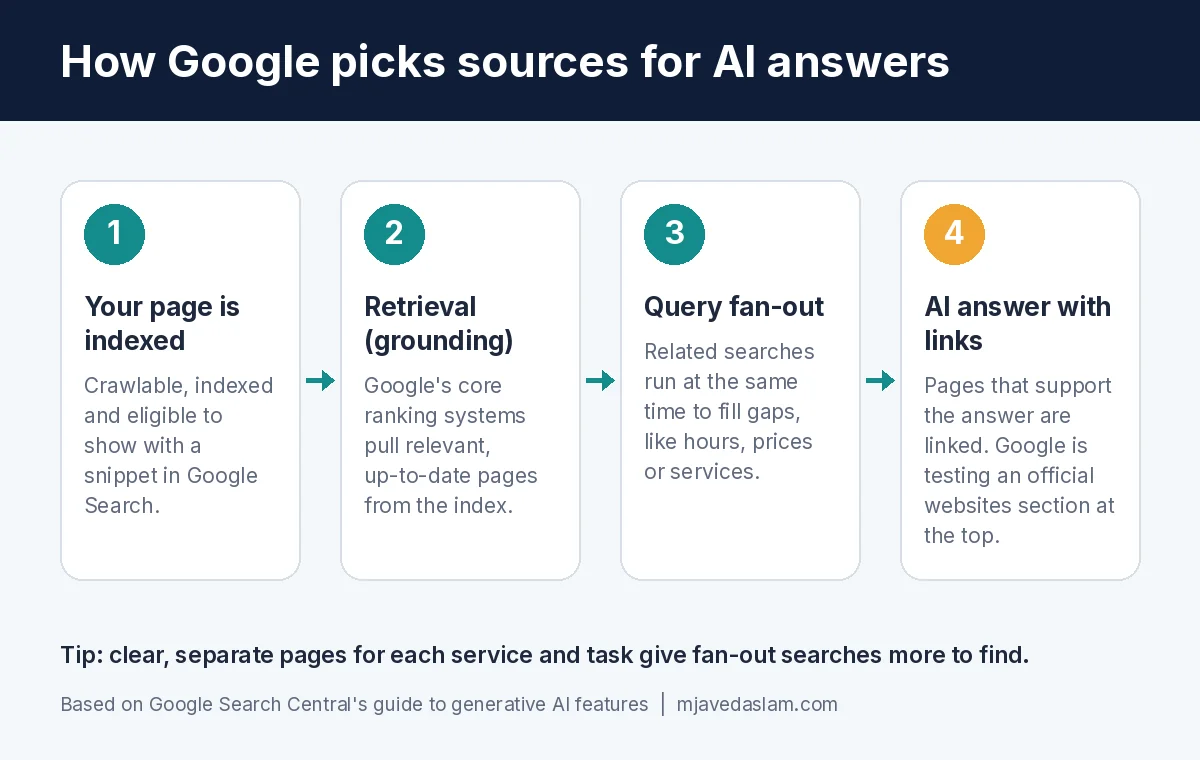 Diagram showing how Google picks sources for AI Overviews: indexed page, retrieval, query fan-out, AI answer with links