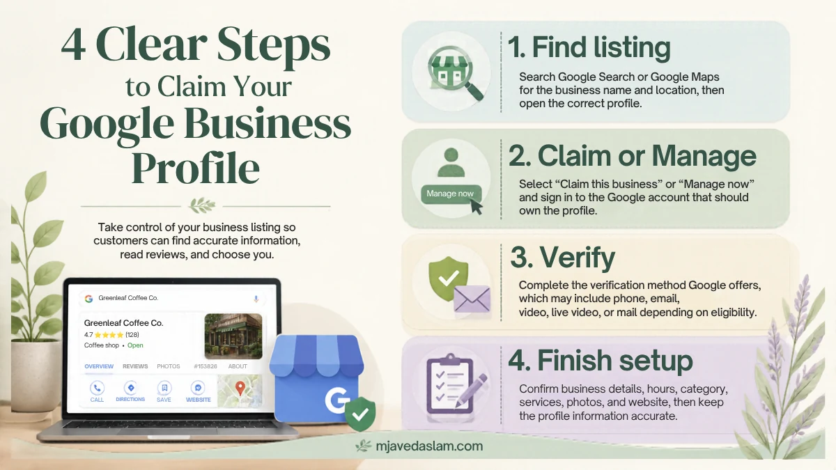 Landscape four-step guide to claim Google Business Profile: find listing, claim or manage, verify, finish setup.