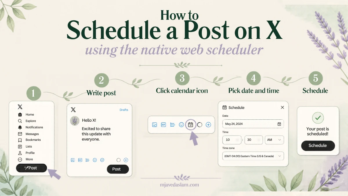 Landscape five-step guide to schedule a post on X with the native web scheduler.